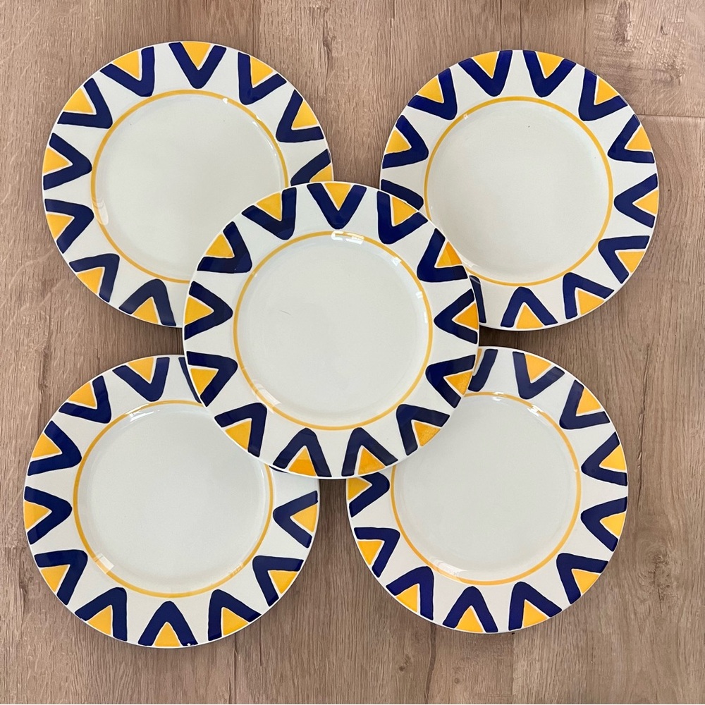 Rare 5 PCs Lillian Vernon Italian Mid-Century Blue Yellow Geometric salad Plates
